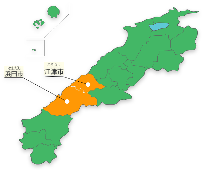 浜田地区広域行政組合管内の地図（浜田市と江津市で構成）